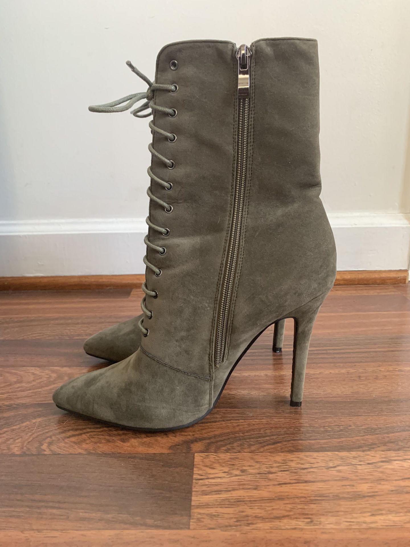 Aaliyah Olive Green Suede Lace Up Pointed Stiletto Boots Simmi Shoe/boots Size 7