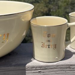 Vintage Tom & Jerry Punch Bowl Set Homer Laughlin Hall + 3 Cups