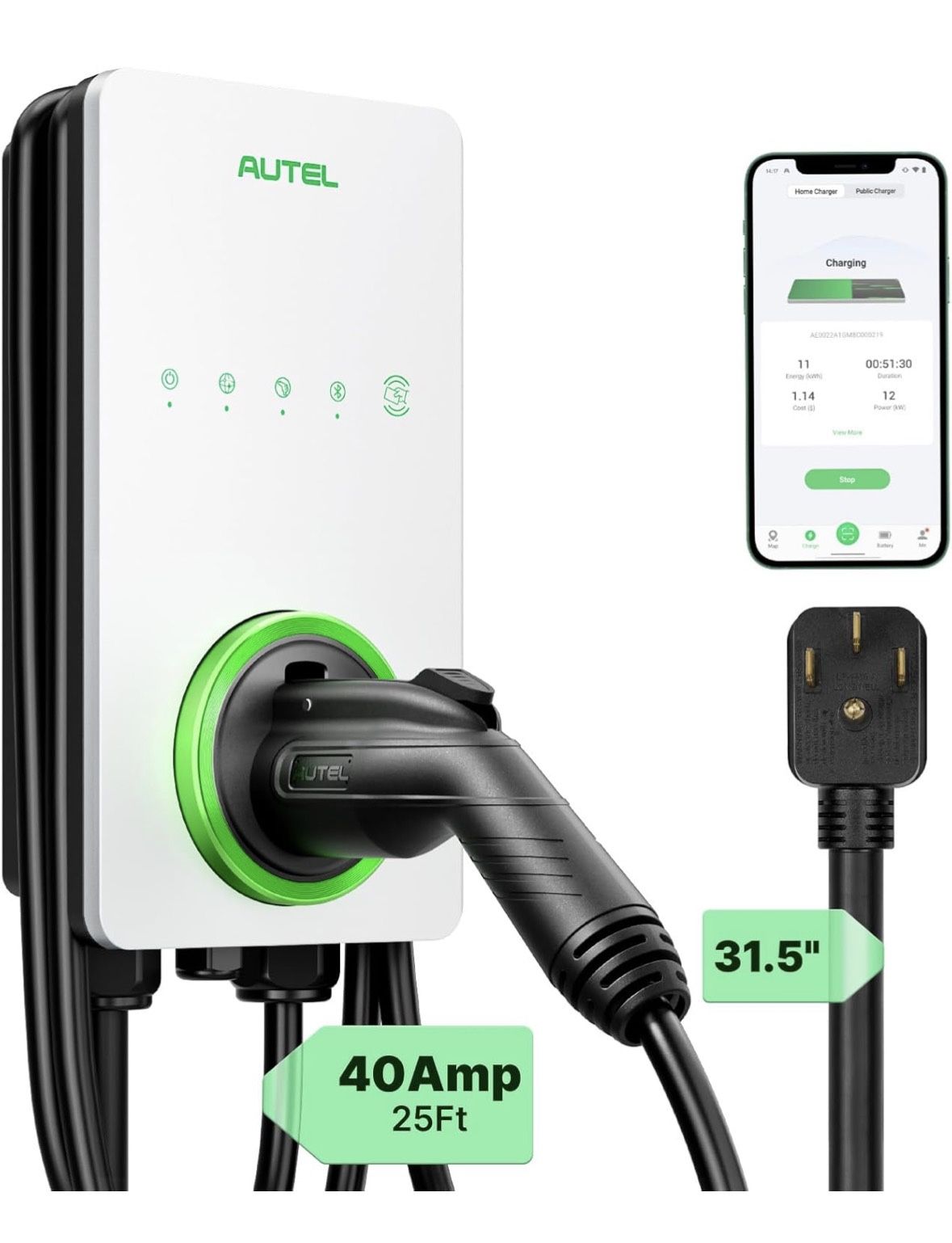 Autel MaxiCharger Level 2 EV Charger up to 40Amp, 240V, Indoor/Outdoor Fast Electric Vehicle Charging Station with Flexible 25-Foot Cable, NEMA 14-50 