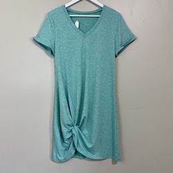 Women’s V Neck Side Gather Short Sleeve Casual Dress Heathered Teal Size M NWOT