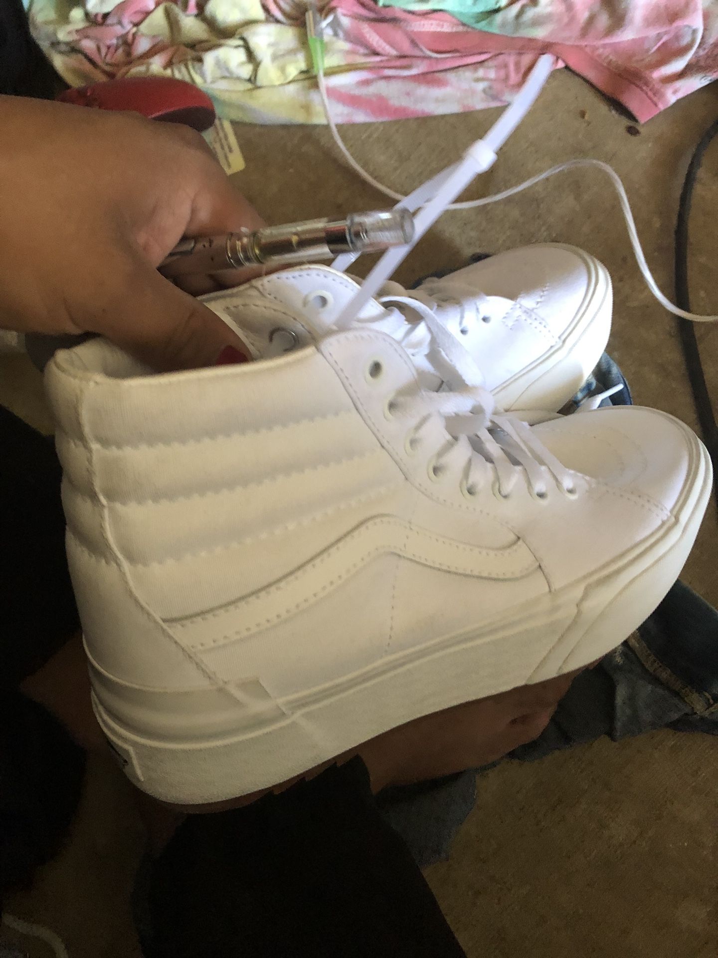Alll White Leather Vans With Gum Bottoms They Make Youbtaller Sole Bigger than Usual