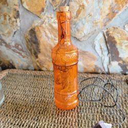 Vintage Orange Glass Bottle With Cork Raised Design Round Decorative Apothecary Jar With Lights