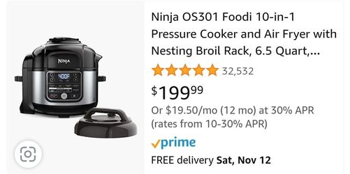 Ninja OS301 Foodi 10-in-1 Pressure Cooker and Air Fryer with Nesting Broil  Rack, 6.5 Quart, Stainless Steel