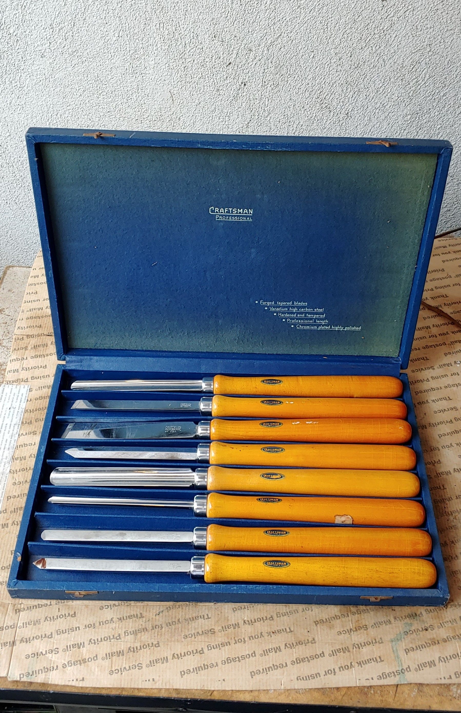 Vintage 1930s CRAFTSMAN PROFESSIONAL 8 Piece Wood Chisel Lathe Turning tool set. Look NOS. Underline blue 3d Logo. Marked BP USA