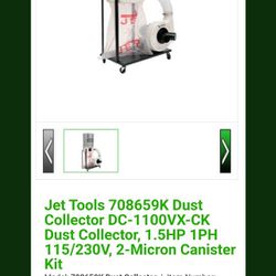 Jet Tools 708659K Dust Collector DC-1100VX-CK Dust Collector, 1.5HP 1PH 115/230V, 2-Micron Canister Kit

