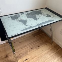 Desk Glass Top With World Map And Chrome Base