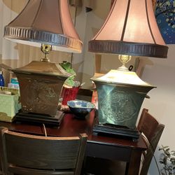 2 Brass and Wood China Style Lamps