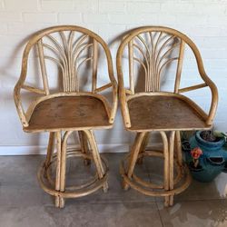 Matching Pair Natural Rattan Wicker Swivel Bar Stool Chairs