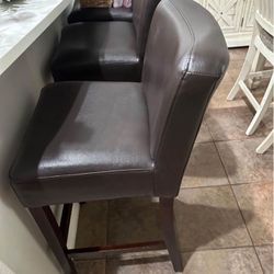 3 Brown Leather Bar Stools 