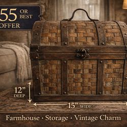 Antique Style Woven Wood Chest – Rustic Farmhouse Storage Trunk