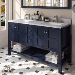 60”blue double sink bathroom vanity with carrara white marble stone top
