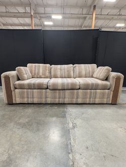 Striped Fabric Three-Seater Sofa with Wood Arm Accents