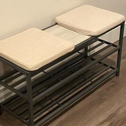 Entry Bench With Seat Cushions And Dark Gray Metal Base With 2 Tier For Shoes Storage W36"xH18"xD13.5"