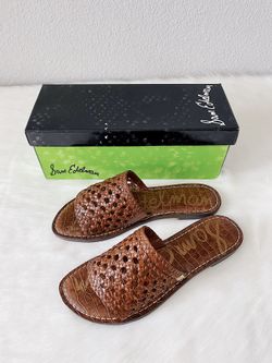 New SAM EDELMAN Genovia Woven Leather Slide Sandals Brown