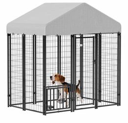 Outdoor Dog Kennel with Roof, Heavy Duty Steel Dog Run Enclosure for Small Dogs, Waterproof Canopy, Double Latch Door, Adjustable Feeding Bowls, Pet P