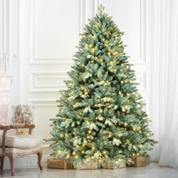 🔥new inbox🔥6 ft Pre-Lit Blue Spruce PE/PVC Auto Open Christmas Tree with Warm LED Lights & Metal Stand