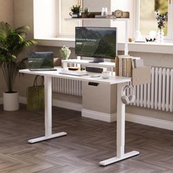 New Standing Desk w/ Motor & Monitor Shelf – 55”, White, Modern