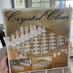 New In Box Glass Chess/Checker Set