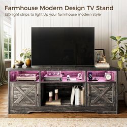 TV Stand for 65 Inch TV, Farmhouse Entertainment Center with Power Outlet & LED Light and Storage Cabinets, Console Table and Media Furniture for Livi