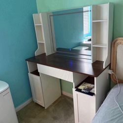 43.3" Dressing Table, Vanity Desk with 3 Lighting Modes Adjustable Brightness and Mirror, Makeup Vanities with Drawers and Storage. (Bei