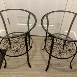 IKEA Black Metal Side Tables (Glass Top) — Floral Pattern