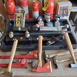 Hitches, Balls, Pipe Wrench, Fire Extinguishers, Hammer Axes, Regular Hammers, Rotozip Spiral Saw, Zircon Multifuntion Wall Scanner.