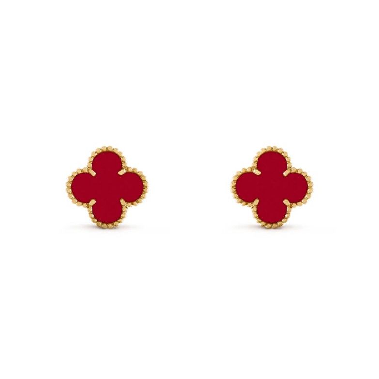 New Van Cleef & Arpels 18K Yellow Gold Carnelian Vintage Alhambra Earrings 