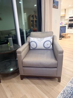 Custom Designer Upholstered Armchair – Classic Herringbone with Nailhead Trim