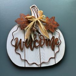 Cute Welcome Fall Thanksgiving Door Hanger Pumpkin Wood Metal Country Rustic 12"x10"