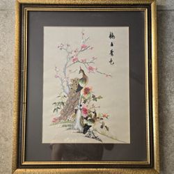 VINTAGE CHINESE EMBROIDERED PEACOCK FRAMED TAPESTRY SIGNED ASIAN ART 22x18"