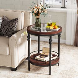 Tribesigns Glass Side Table, Round Side Table, 2-Tier Bedside Table with Shelf, Coffee/Tea Table, Snack Table for Living Room, Bedroom, Rustic Brown,