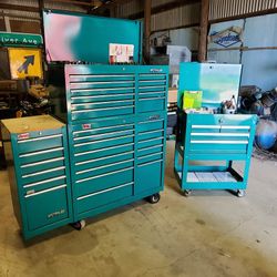 Toolbox loaded full of snap on, Mac & matco tools cart also full of tools
