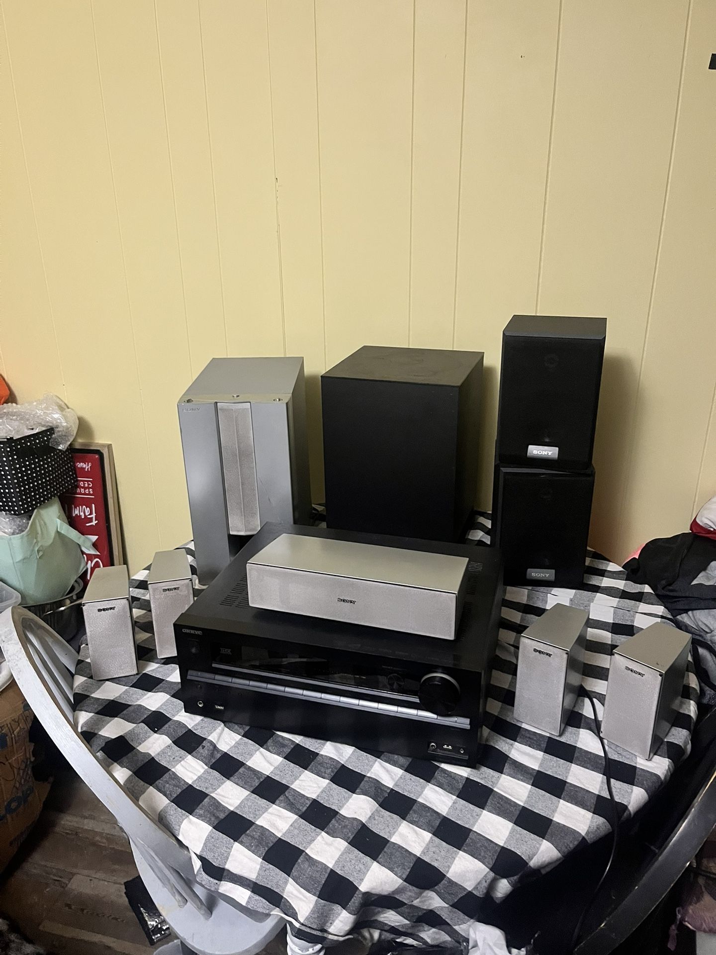Onkyo Receiver With Sony Speakers And Two Subwoofers