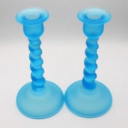 Vtg Tiffin Glass Co Satin Sky Blue Twist Set Of 2 Candlestick Holders *Glow