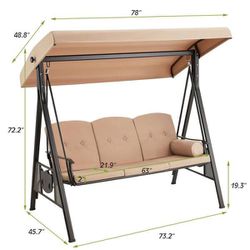 Outdoor Patio Swing Chair, 3-Seat Steel Frame Porch Swing, Convertible Canopy Bench Swing with Tray, Beige