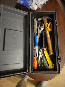 Portable Toolbox with essential tools inside. Everything in a good shape and working. Good for transportation and just keeping it in the car, just in 