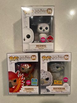 Harry Potter Flocked Bird Funko Pop Set Hedwig Fawkes Buckbeak Hot Topic EB GameStop SDCC Convention Exclusive 76 Protector 84 Hermione 104 Hagrid