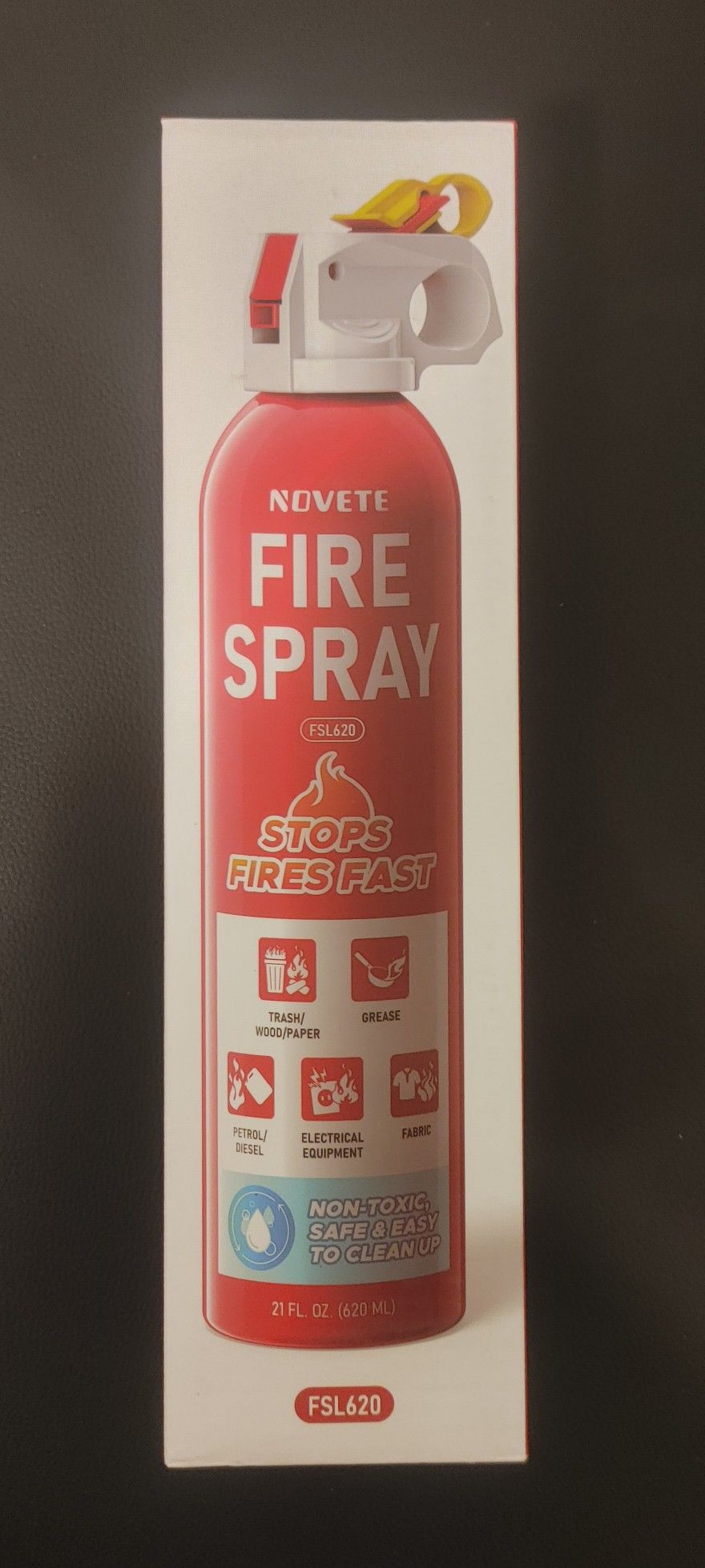 This is a Novete FSL620 Fire Spray, a multi-purpose fire extinguishing spray.