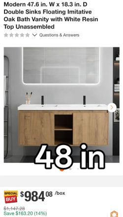 Modern 47.6 in. W x 18.3 in. D Double Sinks Floating Imitative Oak Bath Vanity with White Resin Top Unassembled