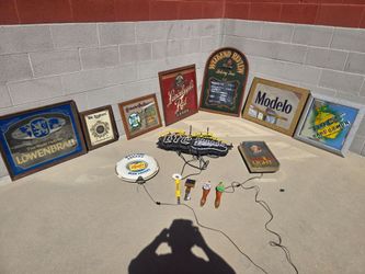 Vintage beer signs and beer taps( lot)