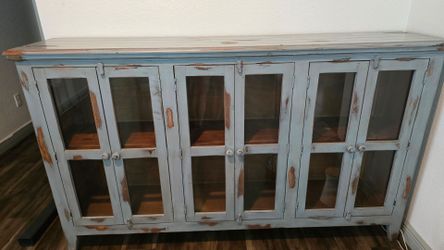 Rustic Distressed Blue 6-Door Glass Cabinet