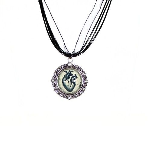 Gothic Anatomical Heart Pendant Necklace On Black Ribbon Adjustable
