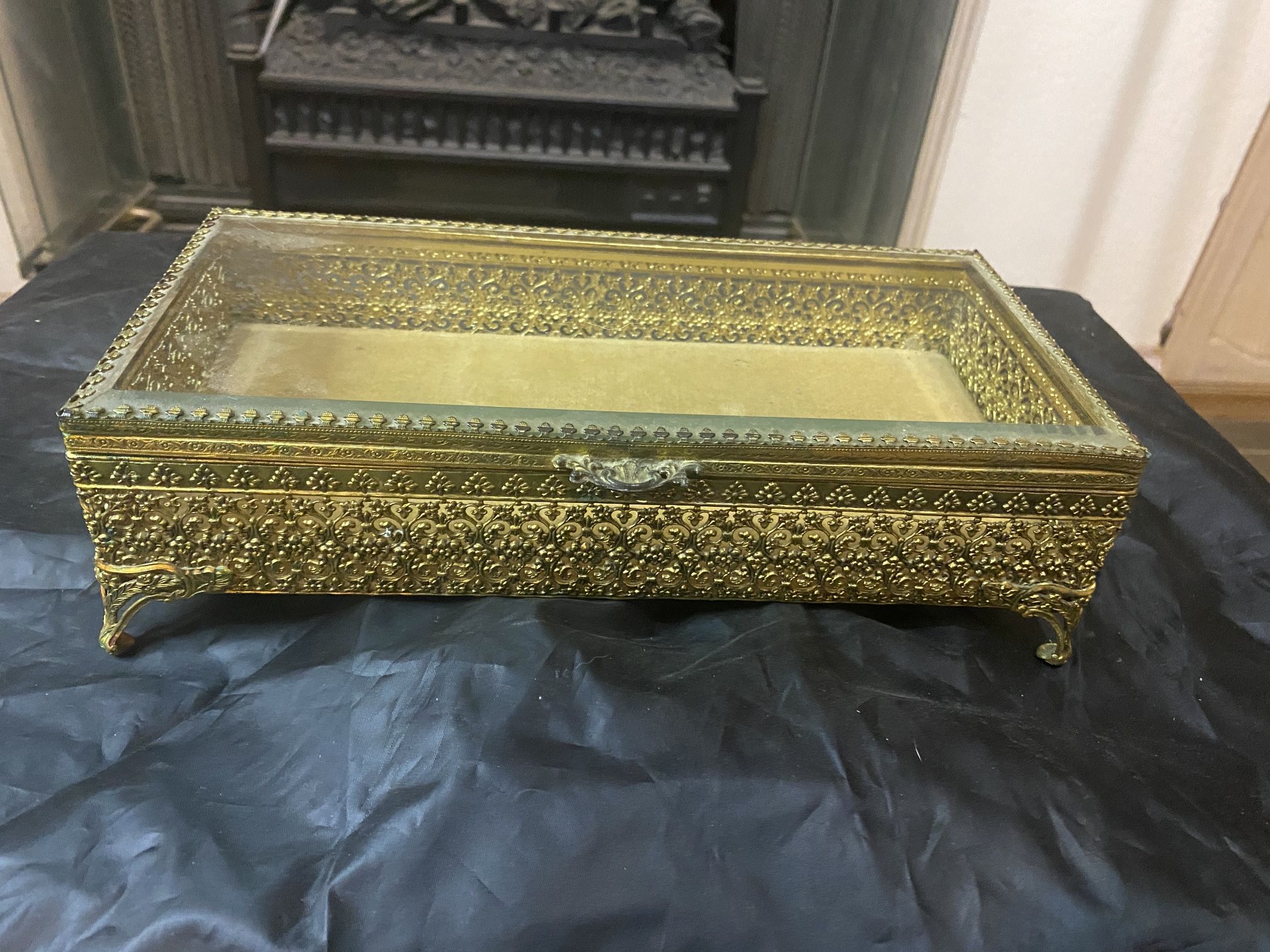 RARE! Vintage Gold LONG Jewelry Box Casket Antique HOLLYWOOD REGENCY Bevel Glass