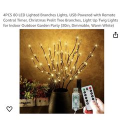 Brand new 4PCS 80 LED Lighted Branches Lights, USB Powered with Remote Control Timer, Christmas Prelit Tree Branches, Light Up Twig Lights for Indoor 