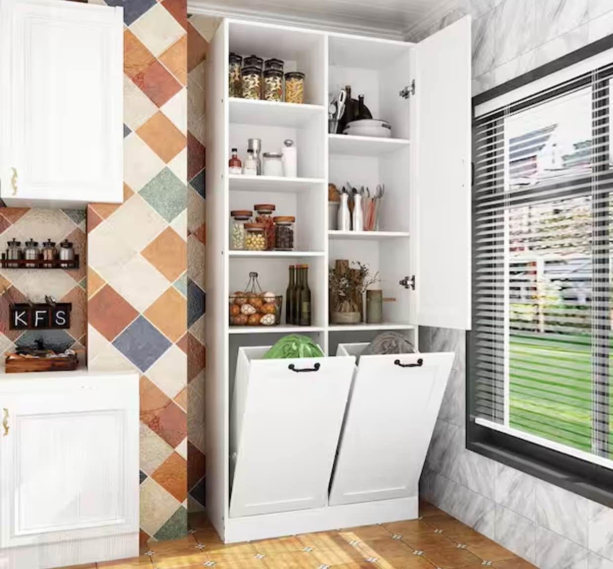 FUFU&GAGA White Wood 31.5 in. W Buffet Kitchen Cabinet Storage Cabinet with Adjustable Shelves and F