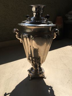 Antique Russian Samovar, Silver-Plated, Fluted Body, Maker’s Medallions