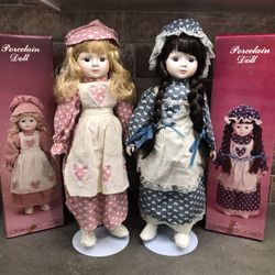 2 New Vintage 16” Porcelain Dolls & Stands.  Dolls have never been displayed stored in box only $30 