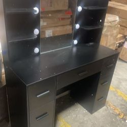 Vanity Desk with Mirror, LED Lights and Power Outlet 