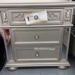 Silver Nightstand W/ Mirrored Trim Brand New In Box 