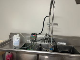 7’ 3 compartment sink with power suds machine, professional spring pull down faucet 2 drain boards